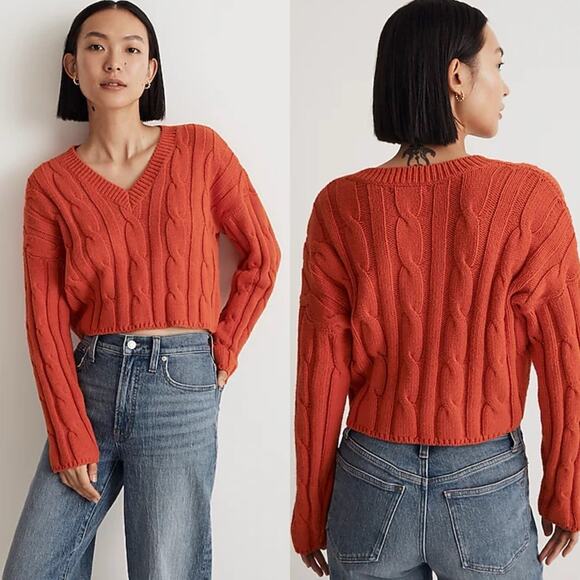 NWT Madewell Cable-Knit V-Neck Fisherman Crop Sweater In Roasted Squash M Preppy - Picture 1 of 13